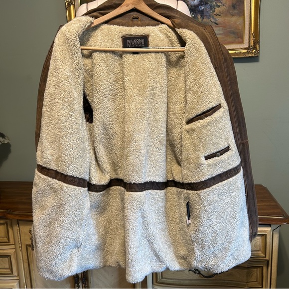 Wilsons Pelle Studio Brown Leather Sherpa Fur Lined Mid Length Heavy Winter Coat - Picture 13 of 17